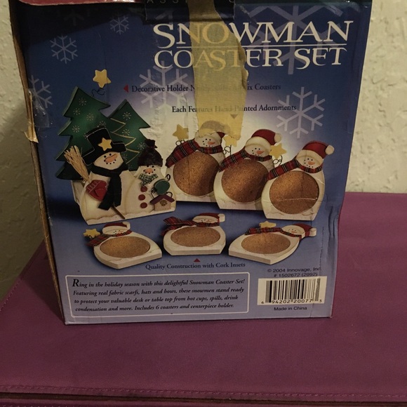 SNOWMAN COASTER SET 6 Wooden Cork Coasters Holder w/fabric scarfs, hats & bows - Picture 5 of 10